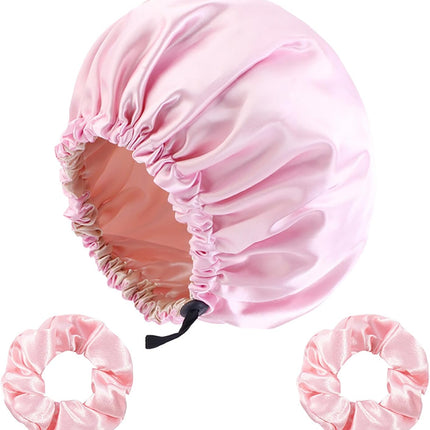 Satin Bonnet Silk Hair Cap for Sleeping, Adjustable Double layer Reversible Satin Sleep Cap with Hair Ties (Pink).