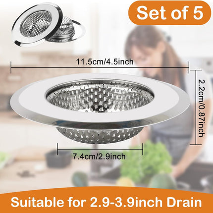 Kitchen Sink Strainer 5 Pcs, 4.5 Inch/11.5cm Stainless Steel Sink Drain Strainer Kit Food Catcher for Kitchen Sink.