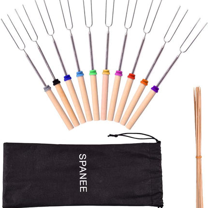 Marshmallow Roasting Sticks, 10 Pack Roasting Sticks with Wooden Handle 32 Inch Extendable BBQ Forks Telescoping Sticks Telescopic Stainless Steel Skewers for Grilling,Campfire.