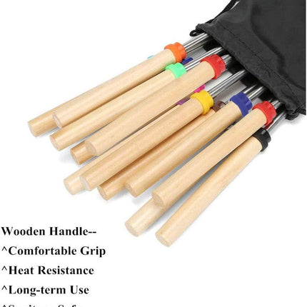 Marshmallow Roasting Sticks, 10 Pack Roasting Sticks with Wooden Handle 32 Inch Extendable BBQ Forks Telescoping Sticks Telescopic Stainless Steel Skewers for Grilling,Campfire.