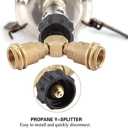 Propane Splitter, Propane Y Splitter Tee Solid Brass with 1-Male QCC and 2-Female QCC for BBQ Grill,Camping Stoves, Gas Burners, Heater, Fire Pit.