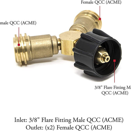 Propane Splitter, Propane Y Splitter Tee Solid Brass with 1-Male QCC and 2-Female QCC for BBQ Grill,Camping Stoves, Gas Burners, Heater, Fire Pit.