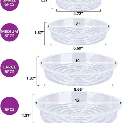 24 Pack Plant Saucer, Clear Plastic Plant Pot Saucer, Made of Thicker, Stronger Plastic, with Unique Design, Durable Flower Plant Tray for Indoor and Outdoor Plants(4 Size, 6/8/10/12 Inch).