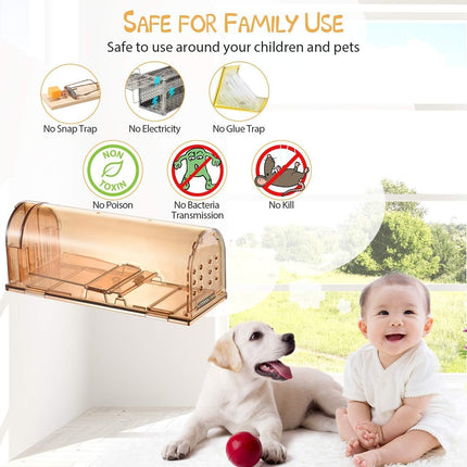 Humane Mouse Trap, Live Mice Trap, Reusable Indoor and Outside Mouse Traps, Kids/Pets Safe, Easy to Set (4, Brown).