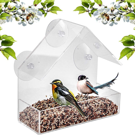 Bird Feeder, Window Bird House Crystal Clear Acrylic with Seed Tray, Drain Holes and 3 Suction Cups, Weatherproof Design, Squirrel Resistant, Drains Rain Water, Great Gift Idea for Nature Lovers.