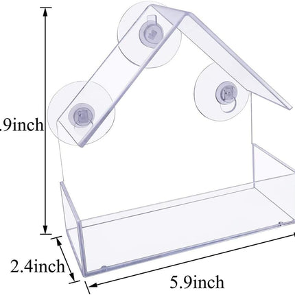 Bird Feeder, Window Bird House Crystal Clear Acrylic with Seed Tray, Drain Holes and 3 Suction Cups, Weatherproof Design, Squirrel Resistant, Drains Rain Water, Great Gift Idea for Nature Lovers.