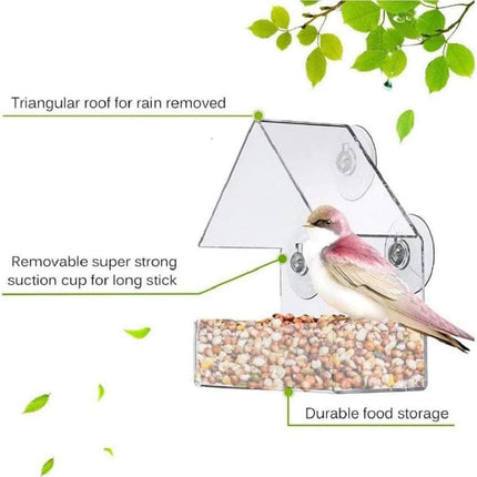 Bird Feeder, Window Bird House Crystal Clear Acrylic with Seed Tray, Drain Holes and 3 Suction Cups, Weatherproof Design, Squirrel Resistant, Drains Rain Water, Great Gift Idea for Nature Lovers.