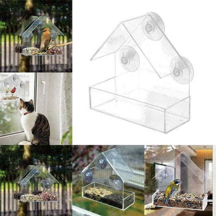 Bird Feeder, Window Bird House Crystal Clear Acrylic with Seed Tray, Drain Holes and 3 Suction Cups, Weatherproof Design, Squirrel Resistant, Drains Rain Water, Great Gift Idea for Nature Lovers.