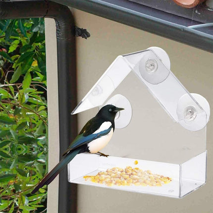 Bird Feeder, Window Bird House Crystal Clear Acrylic with Seed Tray, Drain Holes and 3 Suction Cups, Weatherproof Design, Squirrel Resistant, Drains Rain Water, Great Gift Idea for Nature Lovers.