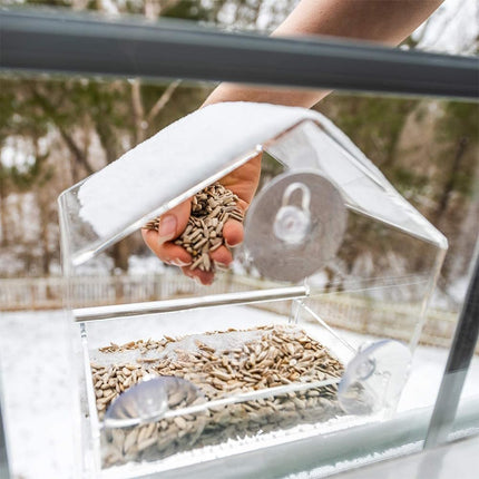Bird Feeder, Window Bird House Crystal Clear Acrylic with Seed Tray, Drain Holes and 3 Suction Cups, Weatherproof Design, Squirrel Resistant, Drains Rain Water, Great Gift Idea for Nature Lovers.