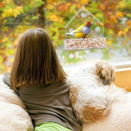 Bird Feeder, Window Bird House Crystal Clear Acrylic with Seed Tray, Drain Holes and 3 Suction Cups, Weatherproof Design, Squirrel Resistant, Drains Rain Water, Great Gift Idea for Nature Lovers.