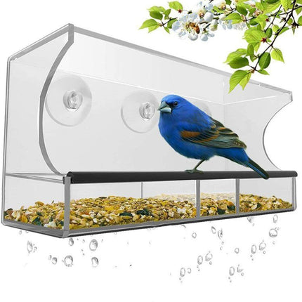 Bird Feeder, Window Bird House Crystal Clear Acrylic with Removable Tray, Drain Holes and 3 Heavy Duty Suction Cups, Weatherproof Design, Squirrel Resistant, Drains Rain Water.