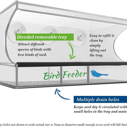 Bird Feeder, Window Bird House Crystal Clear Acrylic with Removable Tray, Drain Holes and 3 Heavy Duty Suction Cups, Weatherproof Design, Squirrel Resistant, Drains Rain Water.