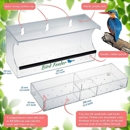 Bird Feeder, Window Bird House Crystal Clear Acrylic with Removable Tray, Drain Holes and 3 Heavy Duty Suction Cups, Weatherproof Design, Squirrel Resistant, Drains Rain Water.