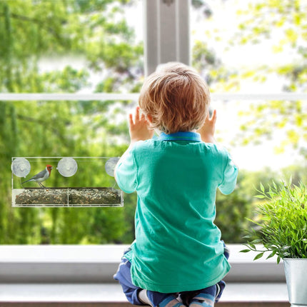 Bird Feeder, Window Bird House Crystal Clear Acrylic with Removable Tray, Drain Holes and 3 Heavy Duty Suction Cups, Weatherproof Design, Squirrel Resistant, Drains Rain Water.