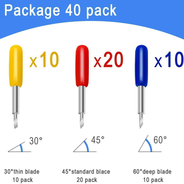 40PCS Replacement Blades for Explore Air/Air 2 Vinyl Cutting Machines, 20PCS 45° Standard + 10PCS 30° + 10PCS 60° Deep Cut Vinyl Fabric Cutting Blades Replacements.