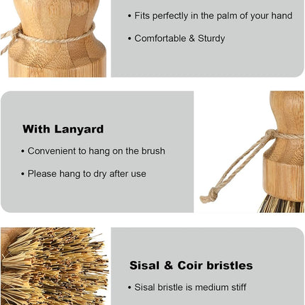 Dish Scrub Brush Dish Scrubber, 4 Packs Natural Bamboo Dish Brush Full Circle Palm Scrub Brush for Cleaning Pots Pans Vegetables (3.12 x 2.2 in).