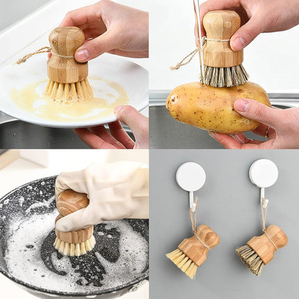 Dish Scrub Brush Dish Scrubber, 4 Packs Natural Bamboo Dish Brush Full Circle Palm Scrub Brush for Cleaning Pots Pans Vegetables (3.12 x 2.2 in).