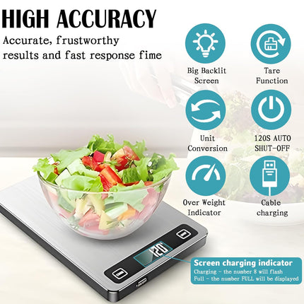Food Kitchen Scale, 11lb Rechargeable Food Scale Digital Scale Kitchen Weight Grams and Ounces for Cooking Baking Stainless Steel.