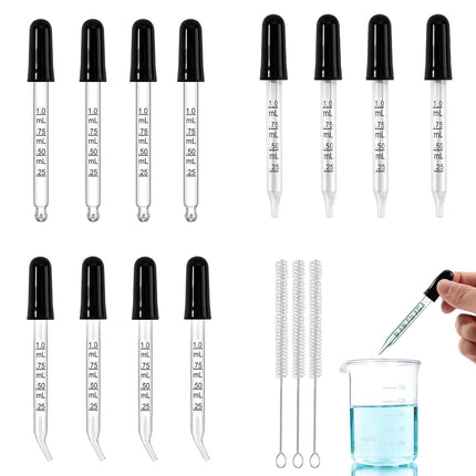 Eye Dropper Glass Pipette 12 Pcs 1ml, Calibrated Capacity Droppers with Measurements 4 Bent, 4 Ball & 4 Straight Tip with 3 Cleaning Brush for Laboratory, Liquid, Essential Oils.