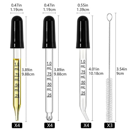 Eye Dropper Glass Pipette 12 Pcs 1ml, Calibrated Capacity Droppers with Measurements 4 Bent, 4 Ball & 4 Straight Tip with 3 Cleaning Brush for Laboratory, Liquid, Essential Oils.