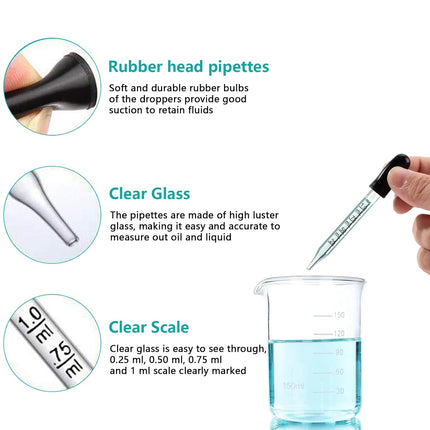 Eye Dropper Glass Pipette 12 Pcs 1ml, Calibrated Capacity Droppers with Measurements 4 Bent, 4 Ball & 4 Straight Tip with 3 Cleaning Brush for Laboratory, Liquid, Essential Oils.
