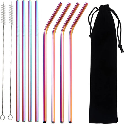 8 Pcs Reusable Metal Straws, Stainless Steel Straws 8.5 Inch Drinking Straw, 4 Straight, 4 Bent Straws with 2 Cleaner Brush.