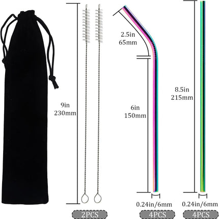 8 Pcs Reusable Metal Straws, Stainless Steel Straws 8.5 Inch Drinking Straw, 4 Straight, 4 Bent Straws with 2 Cleaner Brush.
