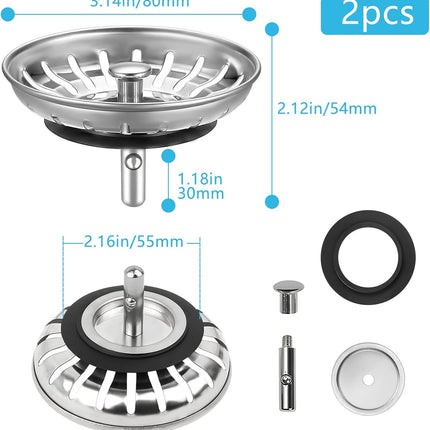 2 Pack Kitchen Sink Strainer, Stainless Steel Sink Drain Stopper, 3.15 Inch/8cm Sink Plug.
