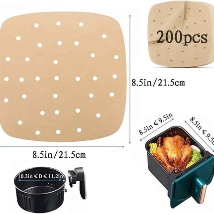 Air Fryer Parchment Paper Liners 8.5 inch, 200Pcs Perforated Air Fryer Liners Non Stick Square Air Fryer Paper for Cake Pan Basket Baking Ovening Steaming.