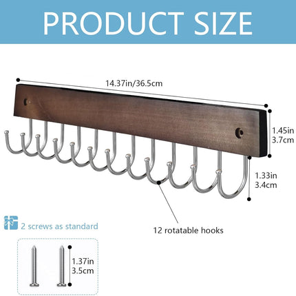 Belt Hanger Tie Rack Wall Mounted, Belt Organizer Bra Hanger for Closet Accessories with 12 Hooks, Sturdy Wood for Closet Organizers and Storage.