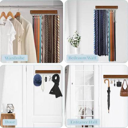 Belt Hanger Tie Rack Wall Mounted, Belt Organizer Bra Hanger for Closet Accessories with 12 Hooks, Sturdy Wood for Closet Organizers and Storage.