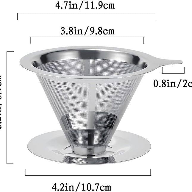 Pour Over Coffee Dripper, Reusable Stainless Steel Pour Over Coffee Filter Paperless Permanent Coffee Strainer for 1-4 Cup with Base.