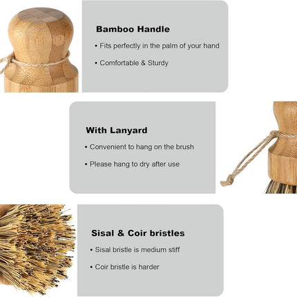 Dish Scrub Brush Dish Scrubber, 2 Packs Natural Bamboo Dish Brush Full Circle Palm Scrub Brush for Cleaning Pots Pans Vegetables (3.12 x 2.2 in).