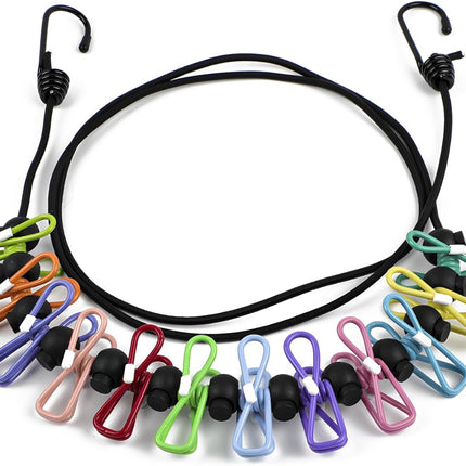 Travel Clothesline, Portable Clothes Line Outdoor with 12 Clips Elastic Clothesline for Indoor Outdoor Balcony Travel Camping Accessories(Multicolour).