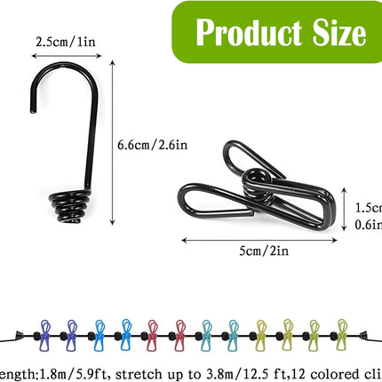 Travel Clothesline, Portable Clothes Line Outdoor with 12 Clips Elastic Clothesline for Indoor Outdoor Balcony Travel Camping Accessories(Multicolour).