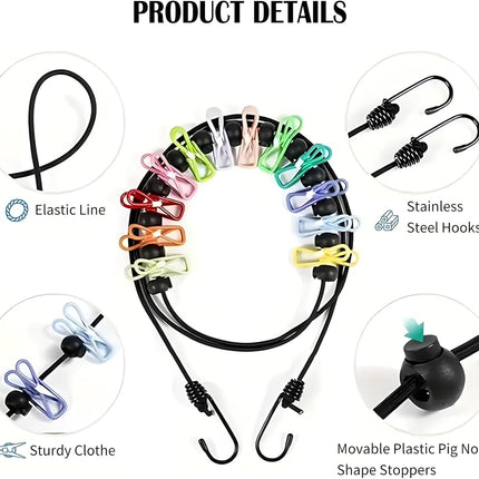 Travel Clothesline, Portable Clothes Line Outdoor with 12 Clips Elastic Clothesline for Indoor Outdoor Balcony Travel Camping Accessories(Multicolour).