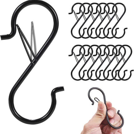 12 Pcs S Hooks for Hanging, Heavy Duty Metal S Shaped Hooks with Safety Buckle for Plants, Pots, Towels and Bags, 3.55 inch (Black).