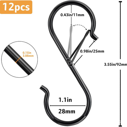 12 Pcs S Hooks for Hanging, Heavy Duty Metal S Shaped Hooks with Safety Buckle for Plants, Pots, Towels and Bags, 3.55 inch (Black).