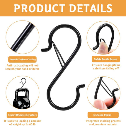 12 Pcs S Hooks for Hanging, Heavy Duty Metal S Shaped Hooks with Safety Buckle for Plants, Pots, Towels and Bags, 3.55 inch (Black).
