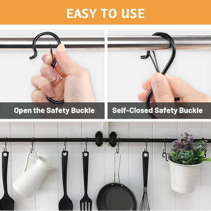 12 Pcs S Hooks for Hanging, Heavy Duty Metal S Shaped Hooks with Safety Buckle for Plants, Pots, Towels and Bags, 3.55 inch (Black).