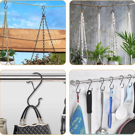 12 Pcs S Hooks for Hanging, Heavy Duty Metal S Shaped Hooks with Safety Buckle for Plants, Pots, Towels and Bags, 3.55 inch (Black).
