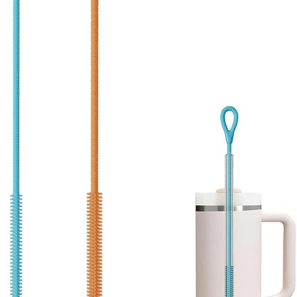 2Pcs Silicone Straw Cleaner Brush, 9.84 Inch Extra Long Straw Brush, Reusable Pipe Crevice Cleaning Brushes with Bendable Steel core (Blue, Orange).