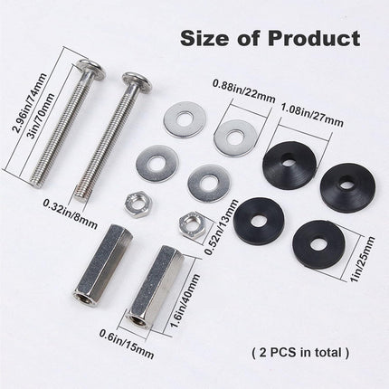 Toilet Tank to Bowl Bolt Kits, 2 Pack Toilet Bolt Kit for Tank Heavy Duty Washers and Round Cover Caps with Extra Long Nut Screw (Silver).