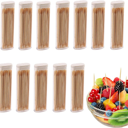 Bamboo Wooden Toothpicks, Sturdy Toothpick Holder Portable Toothpick Dispenser for Travel, Outdoor, Personal Hygiene, Teeth Cleaning, Appetizer Skewers, Cocktail Sticks (600 Picks in 12 Bottles of 50).