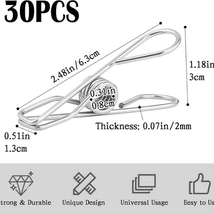 30 PCS Clothes Pins for Laundry Clips, 2.5 Inch Stainless Steel Clothespins for Outdoor, Clothes, Food Sealing and Photo.