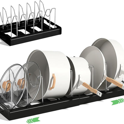 Pot and Pan Organizer Rack for Cabinet, Expandable Pot Lid Kitchen Cabinet Organizer, Pan Holder Storage Rack with 7 Adjustable Compartment for Pot Lid, Cutting Board, Pan.
