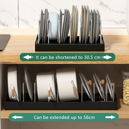 Pot and Pan Organizer Rack for Cabinet, Expandable Pot Lid Kitchen Cabinet Organizer, Pan Holder Storage Rack with 7 Adjustable Compartment for Pot Lid, Cutting Board, Pan.