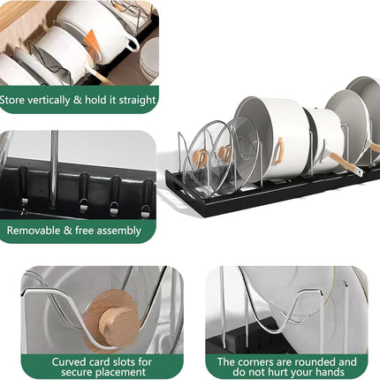 Pot and Pan Organizer Rack for Cabinet, Expandable Pot Lid Kitchen Cabinet Organizer, Pan Holder Storage Rack with 7 Adjustable Compartment for Pot Lid, Cutting Board, Pan.