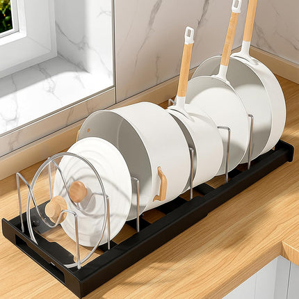 Pot and Pan Organizer Rack for Cabinet, Expandable Pot Lid Kitchen Cabinet Organizer, Pan Holder Storage Rack with 7 Adjustable Compartment for Pot Lid, Cutting Board, Pan.